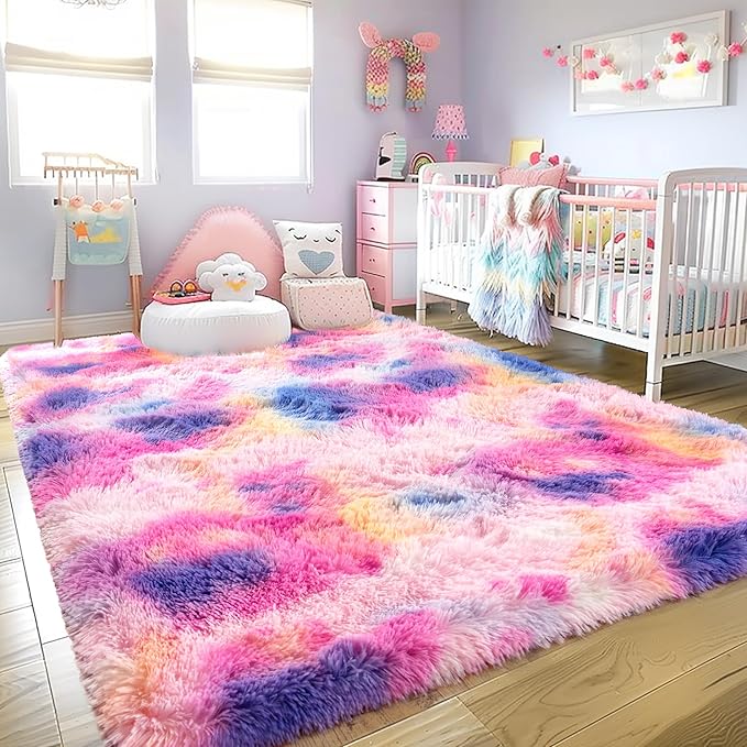 8x10 Large Area Rugs for Living Room, Ultra Fluffy Shag Rug for Bedroom, Modern Plush Soft Carpet for Girls Boys Kids Room Dorm Fuzzy Non Slip Rug for Home Decor Aesthetic, Dark Rainbow