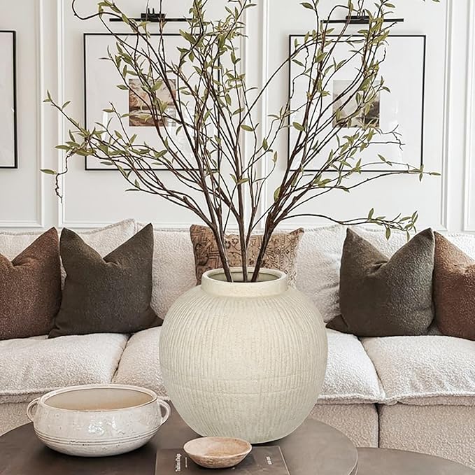 9" Large Rustic Vase with Linear Sculpture and Rich Sand Texture, Round Ceramic Vase with Wide Belly for Space Filling Decor, Retro Style & Beige White