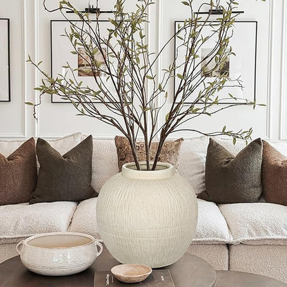 9" Large Rustic Vase with Linear Sculpture and Rich Sand Texture, Round Ceramic Vase with Wide Belly for Space Filling Decor, Retro Style & Beige White
