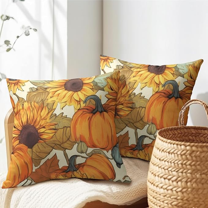 Pumpkin Fall Pillow Covers 22x22 Set of 2 Burnt Orange Autumn Thanksgiving Pillow Cases Sunflower Pattern Outdoor Decorative Holiday Cushion Cover Rustic Decoration Farmhouse Home Sofa Couch Bed Decor