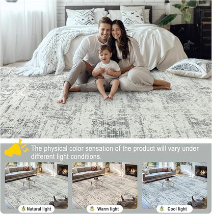 Area Rugs 10x14 Living Room - Washable Rug Modern Abstract Soft Large Neutral Non-Slip Carpet Indoor Floor Thin Carpets for Bedroom Dining Room Farmhouse Nursery Home Office Grey