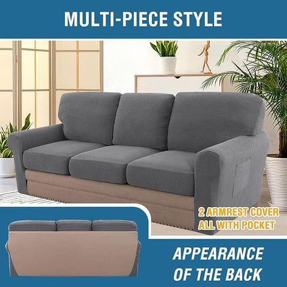 H.VERSAILTEX Multi-Pieces Sofa Covers Stretch Couch Covers Form Fitted Seats and Back Cushions Covers (3 Seat Covers Plus 3 Back Cusion Covers, Bonus 2 Armrest Covers), Grey