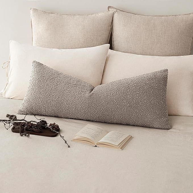 Foindtower Decorative Textured Boucle Throw Pillow Covers Accent Solid Pillow Cases Neutral Long Body Lumbar Couch Cushion Case for Chair Sofa Bedroom Living Room Home Decor 14x36 Inch,1PC,Light Taupe
