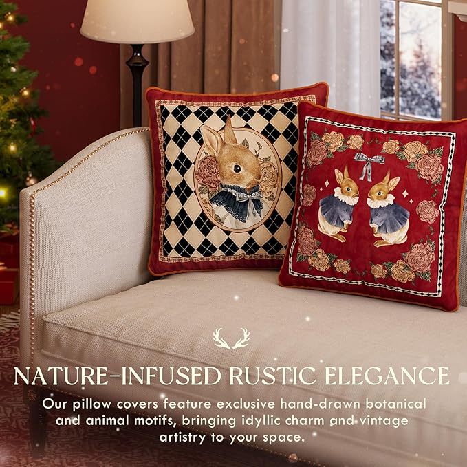 Easter Bunny Floral Red Pillow Cover Decorations, Velvet Euro Sham Covers Decorative Throw Pillow Covers 18x18 for Couch Sofa Bed Home Decor
