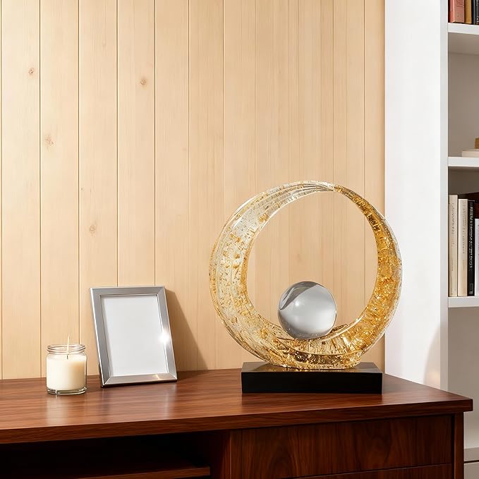 Golden Wave Resin Origami Statue Modern Abstract Home Decoration Emphasizes Abstract Office Desk Center Art Statue Table Family Bedroom Living Room Golden Stripe Decoration (A-White Gold)