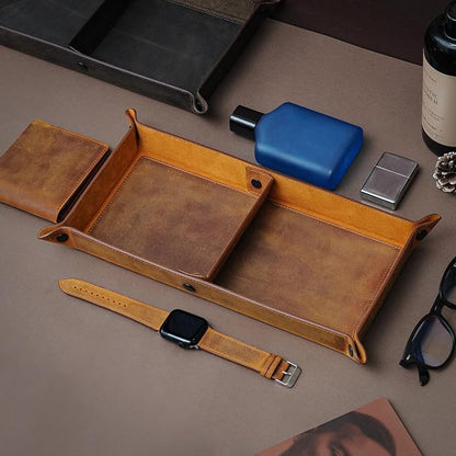 Handmade Leather Catch All Tray and Organizer for Keys, Phones, Jewels, Coins, Rectangular, Choco Brown
