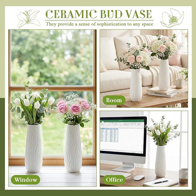 Qinyoung White Ceramic Bud Vase Set of 8, 8'' Small White Flower Vase for Centerpieces Floral Decor for Wedding Party Dining Table Home Decoration (Modern)