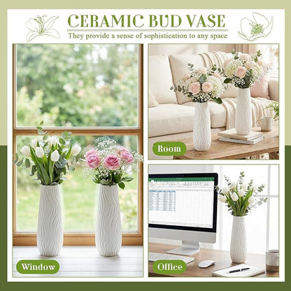 Qinyoung White Ceramic Bud Vase Set of 8, 8'' Small White Flower Vase for Centerpieces Floral Decor for Wedding Party Dining Table Home Decoration (Modern)