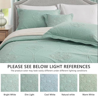 Oversized Bedspread - King Size Bedding Cover - Modern & Contemporary Coverlet Set, Real Stitching, Reversible, Lightweight, 5 Piece, Seaglass