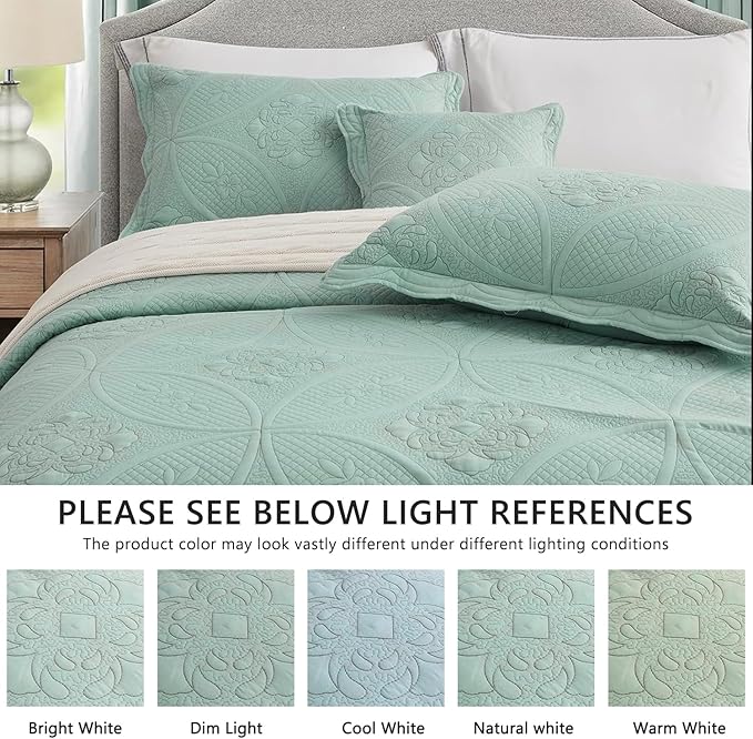 Oversized Bedspread - Queen Size Bedding Cover - Modern & Contemporary Coverlet Set, Real Stitching, Reversible, Lightweight, 5 Piece, Seaglass