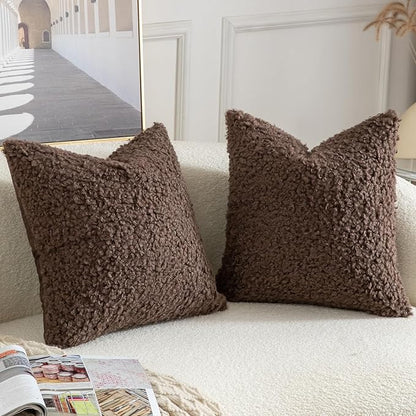 Yaertun Pack of 2 Faux Fur Throw Pillow Covers Decorative Sherpa Boucle Pillow Covers Fuzzy Soft Pillowcases Sheepskin Fleece Cushion Case for Couch Sofa Bed Living Room 22x22 Inch Chocolate