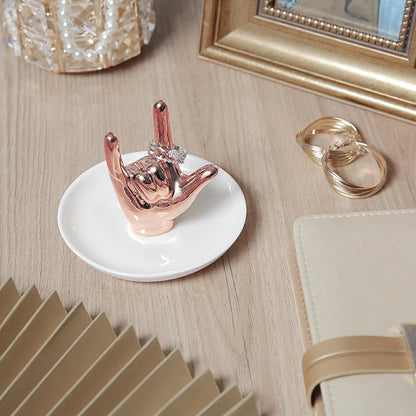I LOVE YOU Hand Ring Holder - Ceramic Jewelry Holder Dish Trinket Tray for Rings, Earrings, Necklace Organizer, Engagement & Wedding Ring Holder, Christmas & Birthday Gifts (Rose Gold)