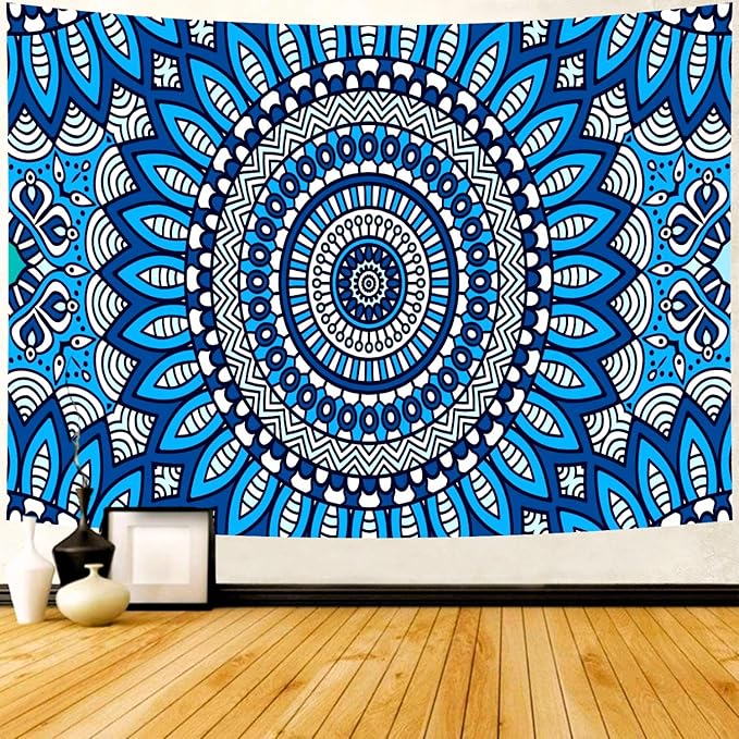 Delur Mandala Tapestry Aesthetic Boho Blue Floral Medallion Tapestry Wall Hanging Bohemian Wall Art Hippie Indian Psychedelic Headboard for Bedroom Living Room Home Decor (51.2" x 59.1")