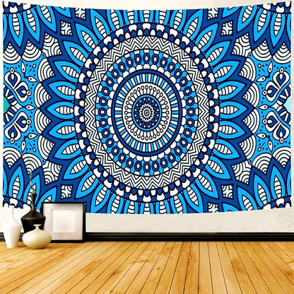 Delur Mandala Tapestry Aesthetic Boho Blue Floral Medallion Tapestry Wall Hanging Bohemian Wall Art Hippie Indian Psychedelic Headboard for Bedroom Living Room Home Decor (51.2" x 59.1")