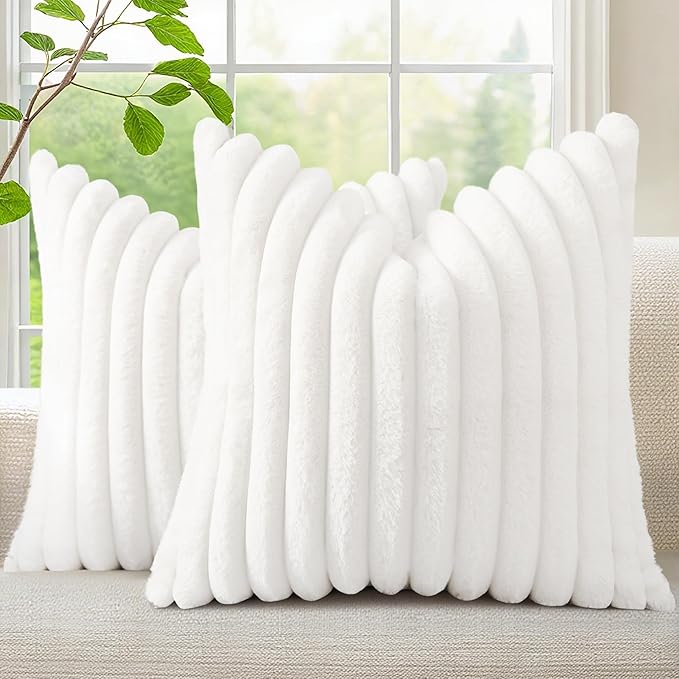 decorUhome Faux Fur Spring Throw Pillow Covers 24x24 Set of 2, Decorative Soft Plush Striped Neutral Couch Euro Sham Pillow Covers with Velvet Back for Sofa, Bed, Living Room Home, White