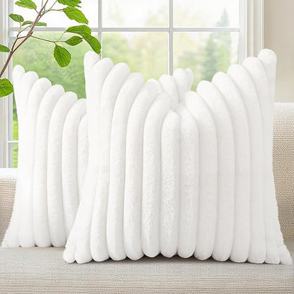 decorUhome Faux Fur Spring Throw Pillow Covers 24x24 Set of 2, Decorative Soft Plush Striped Neutral Couch Euro Sham Pillow Covers with Velvet Back for Sofa, Bed, Living Room Home, White