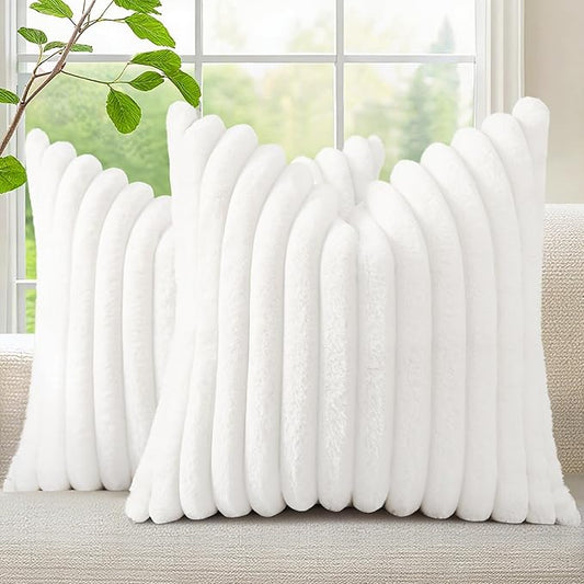 decorUhome Faux Fur Spring Throw Pillow Covers 24x24 Set of 2, Decorative Soft Plush Striped Neutral Couch Euro Sham Pillow Covers with Velvet Back for Sofa, Bed, Living Room Home, White