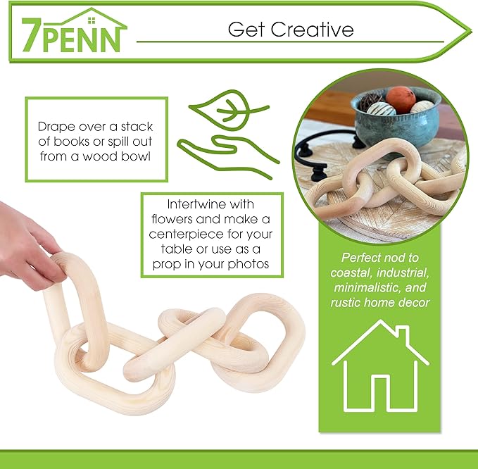 7Penn Wood Chain Link Decor - Small Decorative Chain Coffee Table Decor Pine Wood 5 Link Chain for Shelves