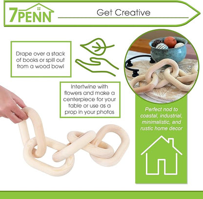 7Penn Wood Chain Link Decor - Small Decorative Chain Coffee Table Decor Pine Wood 5 Link Chain for Shelves