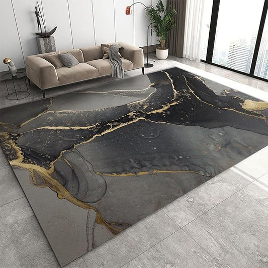 Elegant Black Gold Abstract Marble Design Art Area Rug, Modern Luxury Creativity Print Large Rugs, Machine Washable Breathable Durable Carpet for Room Sofa Living Room Mat Bedroom Decor,3 x 5ft