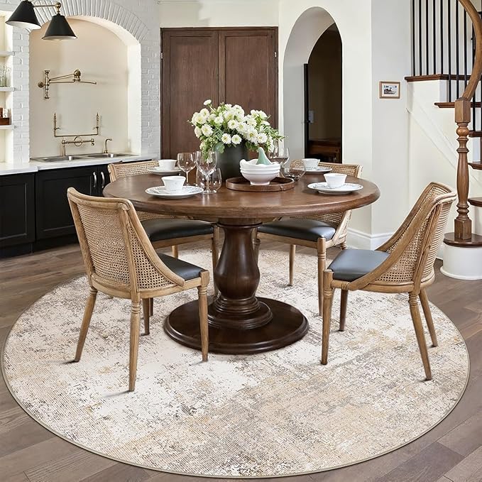 8x8 Washable Round Rug Beige Grey Abstract Living Room Bedroom Area Rug Neutral Modern Non Slip Soft Low Pile Indoor Carpet for Dining Room Office Entryway