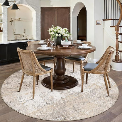 8x8 Washable Round Rug Beige Grey Abstract Living Room Bedroom Area Rug Neutral Modern Non Slip Soft Low Pile Indoor Carpet for Dining Room Office Entryway