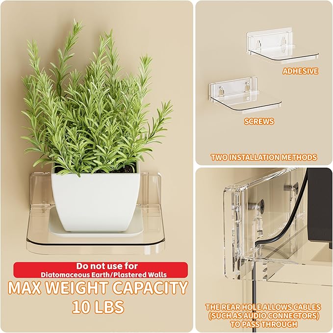 Yieach 5 Inch Mini Shelf for Wall,4 Pack No Drilling Small Adhesive Shelf,Plant Shelves Indoor,Small Acrylic Floating Shelves for Wall and Display Ledges Picture,Funko,Anime Figure,Figurine,Clear