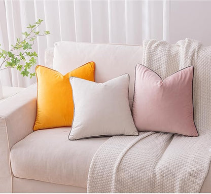 LIGICKY Orange Yellow and Cream White Velvet Throw Pillow Covers 18x18 inch, Set of 2 Modern Double-Sided Design, Soft Square Decorative Cushion Cases with Rope Edging for Home Decor