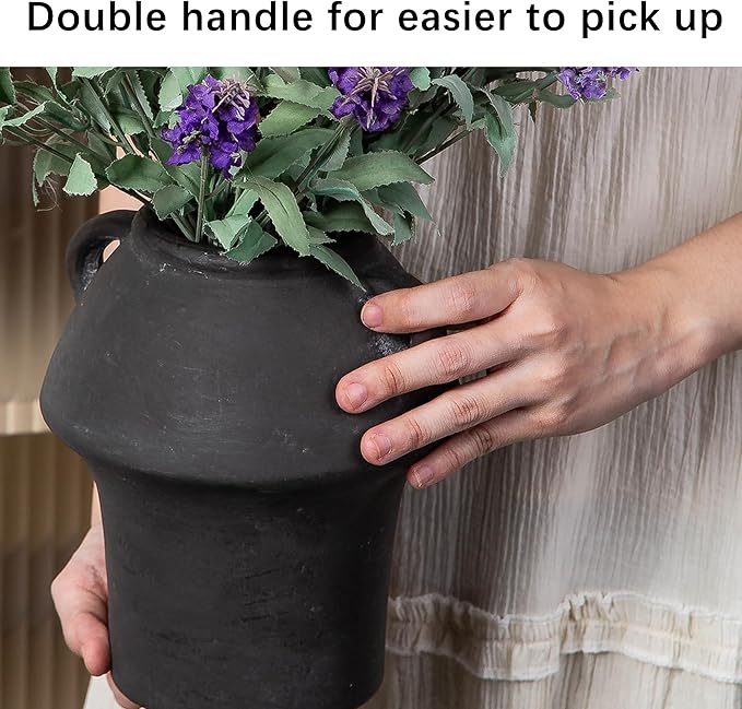 Black Vases Home Decor - Ceramic Vase for Flowers - Decorative Vase with Handle - Unique Fall Vase for Centerpieces, Farmhouse Vintage House for Pampas Grass