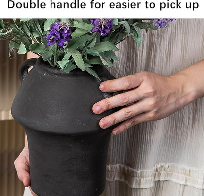 Black Vases Home Decor - Ceramic Vase for Flowers - Decorative Vase with Handle - Unique Fall Vase for Centerpieces, Farmhouse Vintage House for Pampas Grass