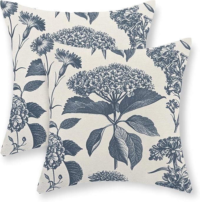 Blue Pillow Covers 20x20 Set of 2 Vintage Boho Floral Hydrangea Herbs Botanical Throw Pillow Cover Outdoor Flower Decoration Pillowcase Linen Farmhouse Cushion Case Decorative for Couch Sofa