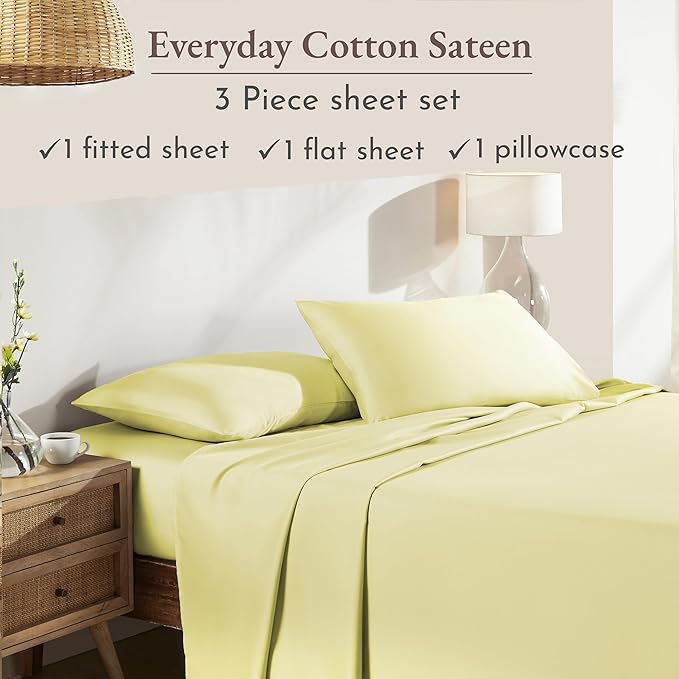 California Design Den Twin XL Bed Sheets Set - Natural 100% Cotton Sheets with Deep Pockets, Soft Sateen Weave, Breathable and Durable Bedding Set for Dorm Rooms, College (Buttery Yellow)