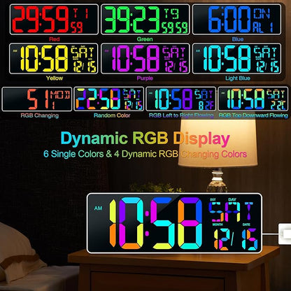 Large Digital Wall Clock Large Display 17.2" Big Digital Timer with 9 Groups Timer Remote Control for Gym Classroom 10 Colors Available for LED Wall Clock with Temperature Date Week DST Dynamic RGB