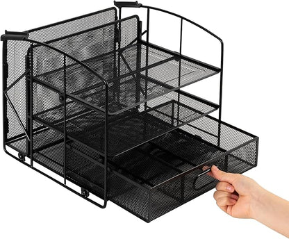 Amazon Basics Rectangular Desk Organizer 3 Tray w/Sliding Drawer and Hanging File Holder, Black