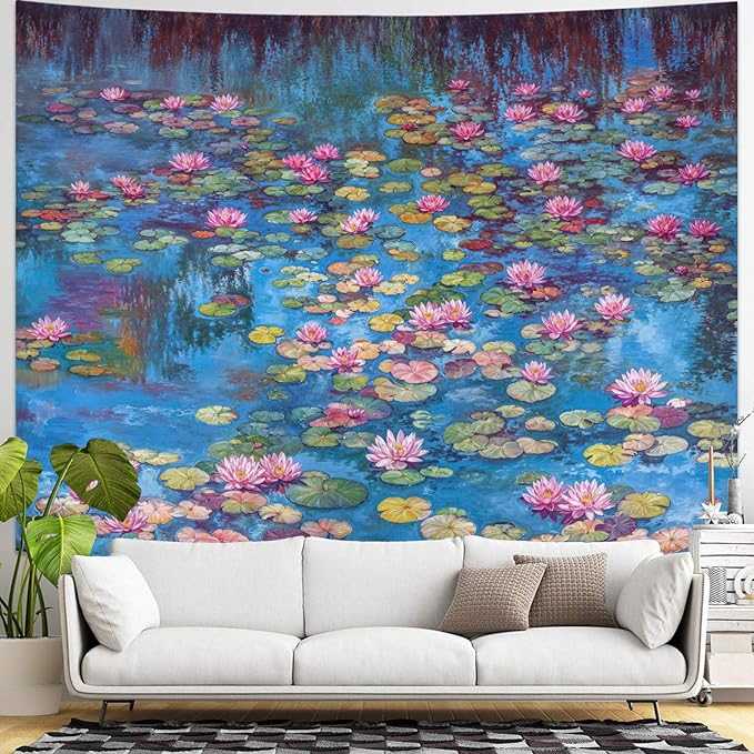 kampdream Landscape Tapestry, Scenery Art Wall Tapestries, Nature Wall Decor for Bedroom Living Room Backdrop Blue Impressionist Pond Lotus 36×48 inches