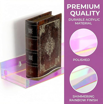 Hiceeden 4 Pack 15" Iridescent Acrylic Floating Shelves, Wall Mounted Floating Bookshelf Organizer for Room, Clear Nail Polish Sunglasses Display Shelf for Picture Ledge, Book, Funko Pop