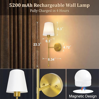 Battery Operated Wall Sconce Set of 2, 15 Colors Rechargeable Wall Lights with Dimmable Bulbs and Remote, Gold Wireless Wall Lamp for Living Room Hallway Bedroom