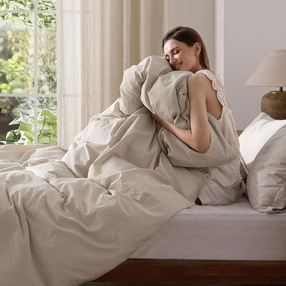 Bedsure 100% Washed Cotton Duvet Cover King Size - Linen Color Minimalist Cotton Duvet Cover Linen Like for All Seasons - GentleSoft™ Plain Simple Bedding (King, 104"x90")