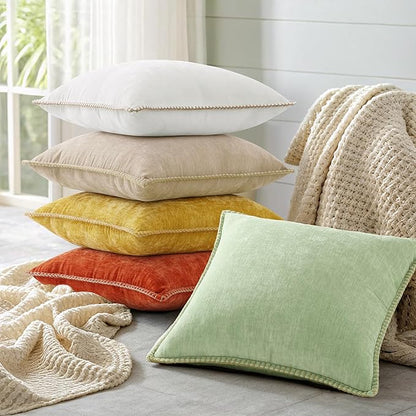 decorUhome Spring Chenille Soft Throw Pillow Covers 12x20 Set of 2, Lumbar Velvet Farmhouse Neutral Decorative Pillow Covers with Stitched Edge for Couch Sofa Bed Home Decor, Beige