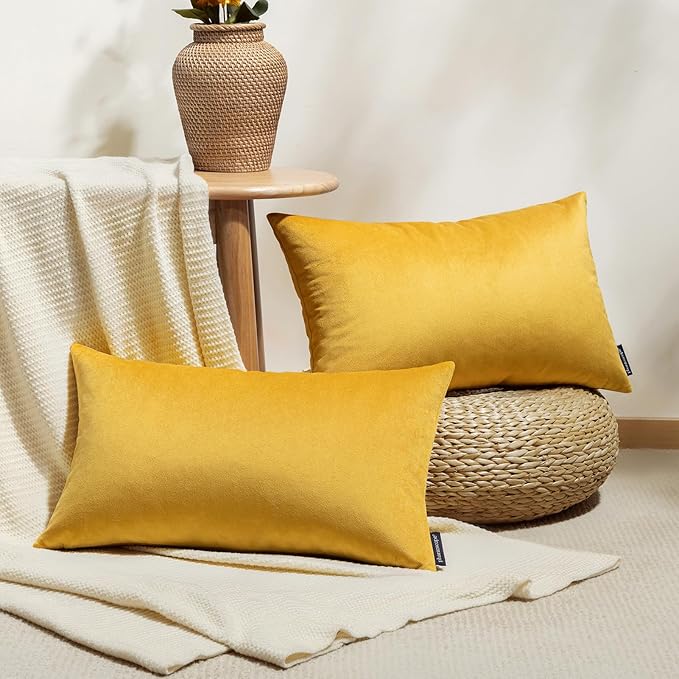 Phantoscope Pack of 2 Velvet Decorative Throw Decorative Pillow Cover Soft Solid Square Cushion Case for Couch Mustard Yellow 12 x 20 inches 30 x 50 cm