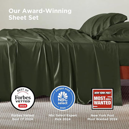 Bedsure Queen Sheet Set, Rayon Derived from Bamboo, Cooling Sheets, Breathable & Soft, Deep Pocket Up to 16 Inches, Hotel Luxury Silky Bedding for Hot Sleepers, Olive Green