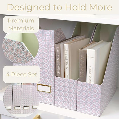 BLU MONACO | Foldable Magazine File Holder Set of 4 | Moroccan Tile Cardboard Organizers | Vertical Desk and Shelf Storage for Home Office Dorm | Decorative File Boxes