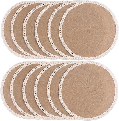 FunWheat 15 Inch Round Jute Placemats Set of 12, Braided Burlap Table Mats for Dining Table, Heat Resistant Farmhouse Woven Placemats for Fall Farmhouse Decor (Short Tassels)