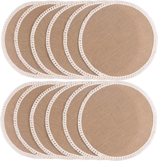 FunWheat 15 Inch Round Jute Placemats Set of 12, Braided Burlap Table Mats for Dining Table, Heat Resistant Farmhouse Woven Placemats for Fall Farmhouse Decor (Short Tassels)