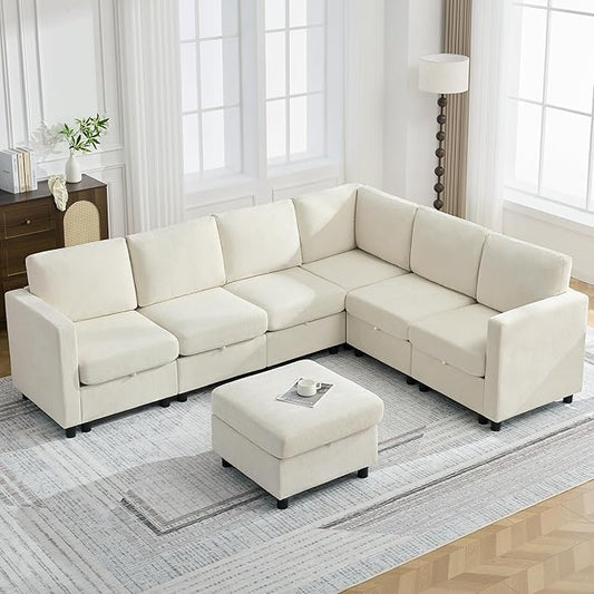 104'' V Shaped Modular Sofa, Sectional Couch with Storage for Living Room, Modern 7 Seater Cloud Sectional Couch with Movable Ottoman, Chenille Beige