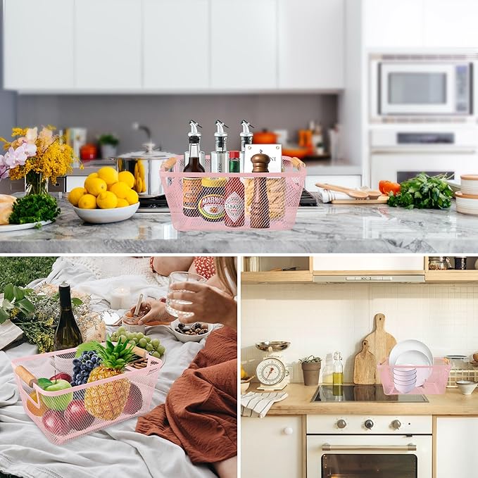 PTSGCAI 2Pack Metal Mesh Steel Basket with Bamboo Handle - Wire Metal Basket for Kitchen Organization, 12" Wide Food Organizer Bin, Perfect for Organizing Bulk Pantry (PINK)