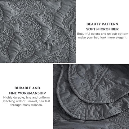 HZ & HY Queen Size Bedspread, Quilted Coverlet Bedding Set, Lightweight Thin Comforter, Reversible, Luxurious, 5 Piece, 100% Microfiber, Queen, Dark Grey