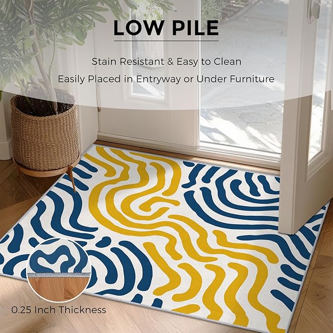 3x5 Abstract Wavy Line Rugs for Bedroom Decor, Washable Yellow Blue Lines Pattern Area Rug, Living Room Home Decoration, Non Slip Soft Thin, Abstract Art Decor Carpet PF-P 56