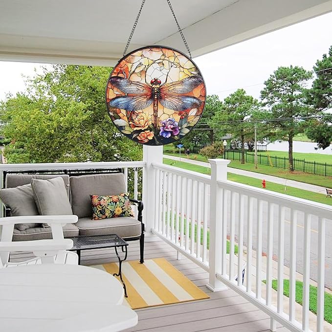Dragonfly Stained Glass Window Hanging, 7.8" Round Boho Sun Catcher Hand Painted Wall Art Decor with Chain, Unique Housewarming Gifts for Couples, Home