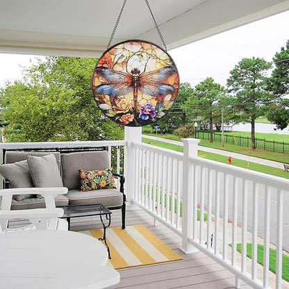 Dragonfly Stained Glass Window Hanging, 7.8" Round Boho Sun Catcher Hand Painted Wall Art Decor with Chain, Unique Housewarming Gifts for Couples, Home